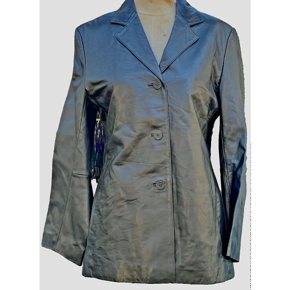 NWOT Juliano Cellini Genuine Leather Jacket Pockets Collar Tailored Long Size L